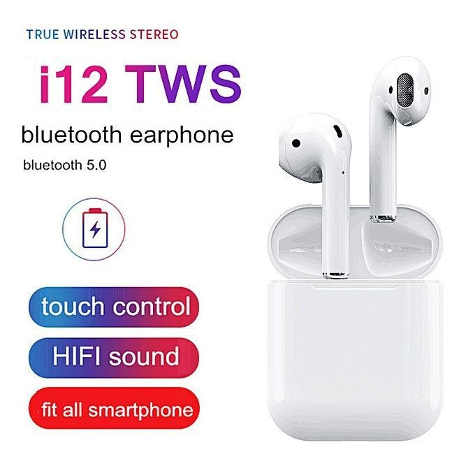 i12 Wireless Earphone Stereo Earbud Headset For Smart Phone - White